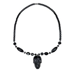 Hematite Skull Pendant Necklace Gunmetal Beaded Goth‎ Emo Choker Rocker Jewelry